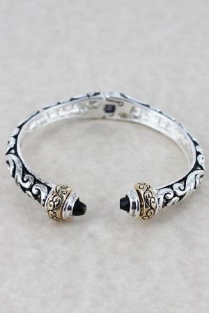 CTWO-TONE SCROLL WITH BLACK CRYSTALS HINGED BANGLE - Click To Enlarge