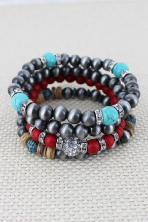 CSILVER NAVAJO PEARL AND CORAL BEAD BRACELET SET - Click To Enlarge