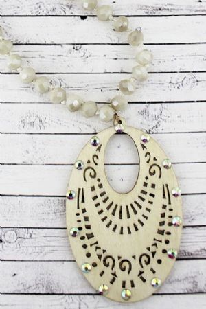 CCrystal Accented Ivory wood oval necklace - Click To Enlarge