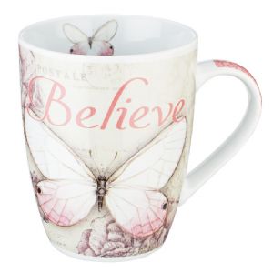 CMUG - Believe Pink Butterfly Coffee Mug - Mark 9:23 - Click To Enlarge